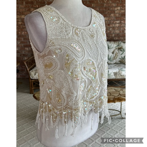Nite Line Vintage Cream Pearl Sequin Beaded Fringe Top S - Picture 5 of 12